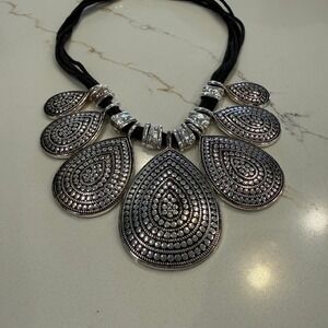 Boho Statement St Thomas Silver Tone Teardrop Bib Black Cord Necklace